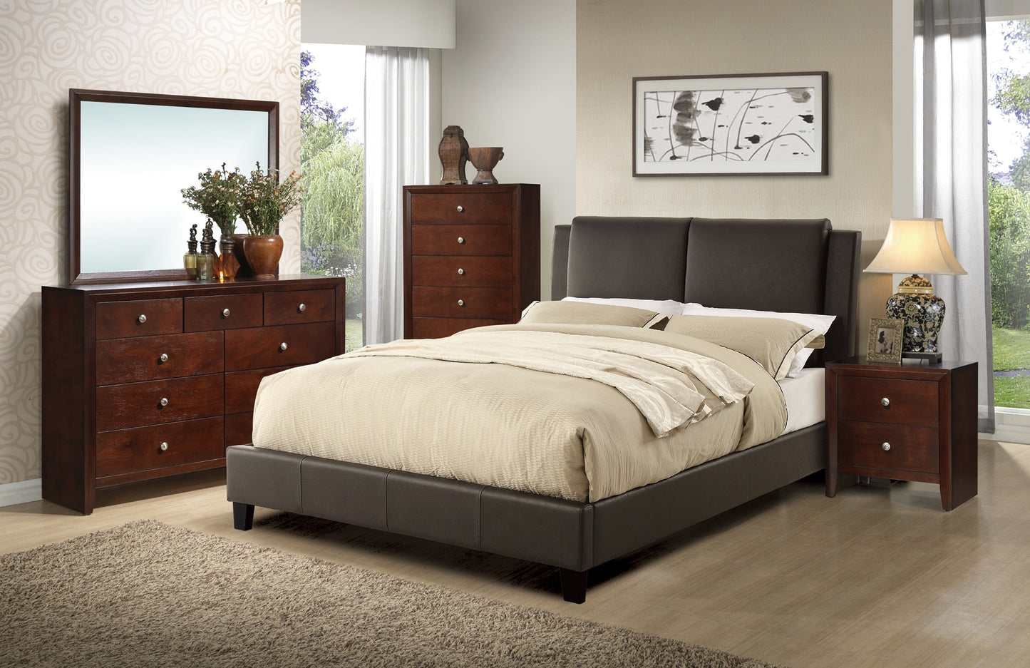 Luxurious Brown Faux Leather Queen Bed Set with Two-Panel Headboard for Modern Bedrooms