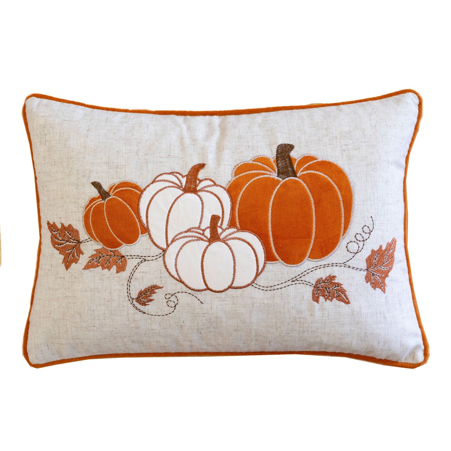 Embroidered Pumpkin Lumbar Throw Pillow, 14x20 in, Cotton-Blend; Linen Texture, Farmhouse Decor — Rust