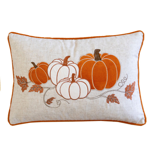 Embroidered Pumpkin Lumbar Throw Pillow, 14x20 in, Cotton-Blend; Linen Texture, Farmhouse Decor — Rust