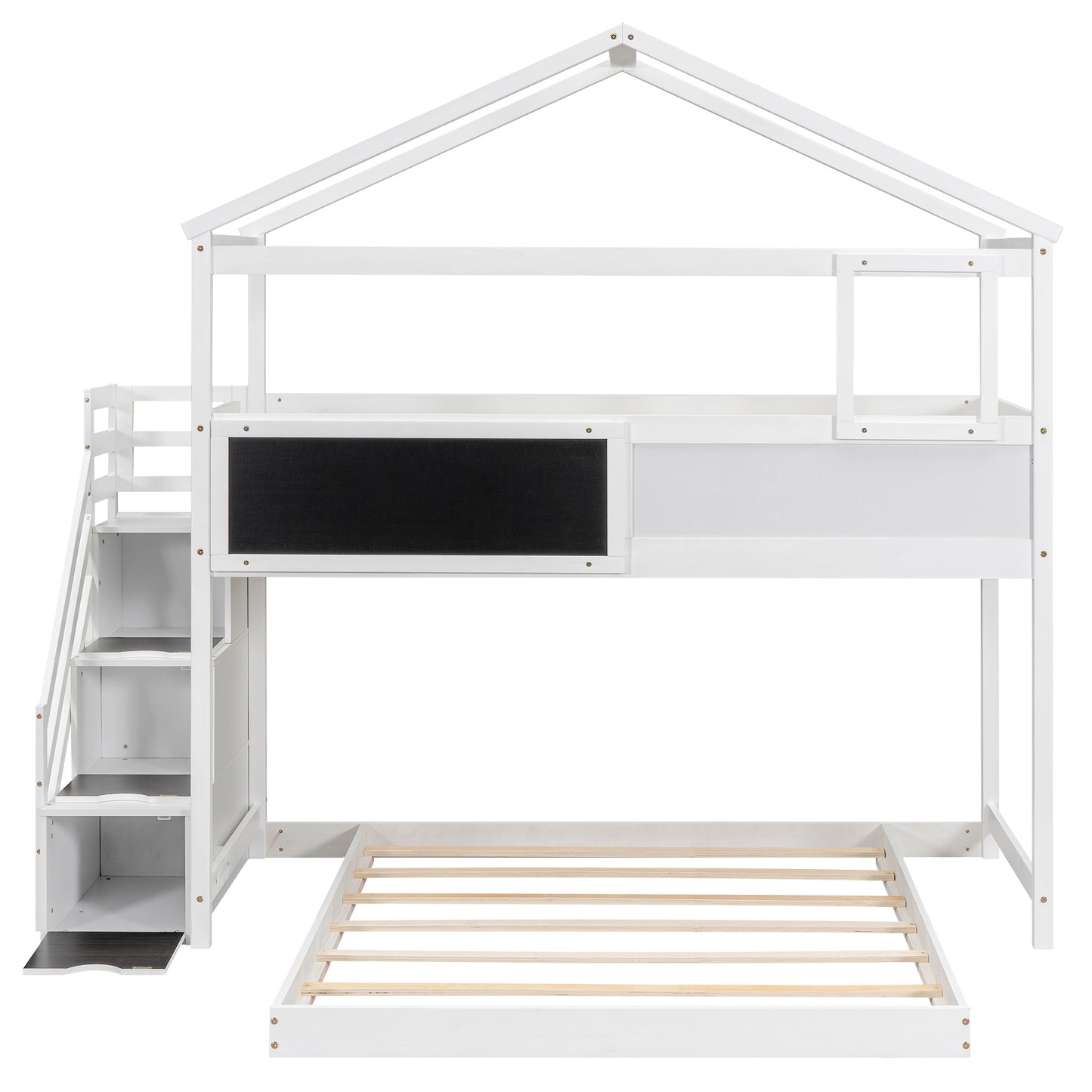 Whimsical Twin over Full House Bunk Bed with Storage Steps and Blackboard, White