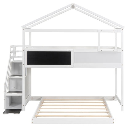 Whimsical Twin over Full House Bunk Bed with Storage Steps and Blackboard, White