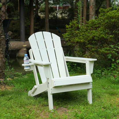 HDPE Folding Adirondack Chair With Dual Cup Holders Weather Resistant Wood Texture Finish For Outdoor Patio Garden White