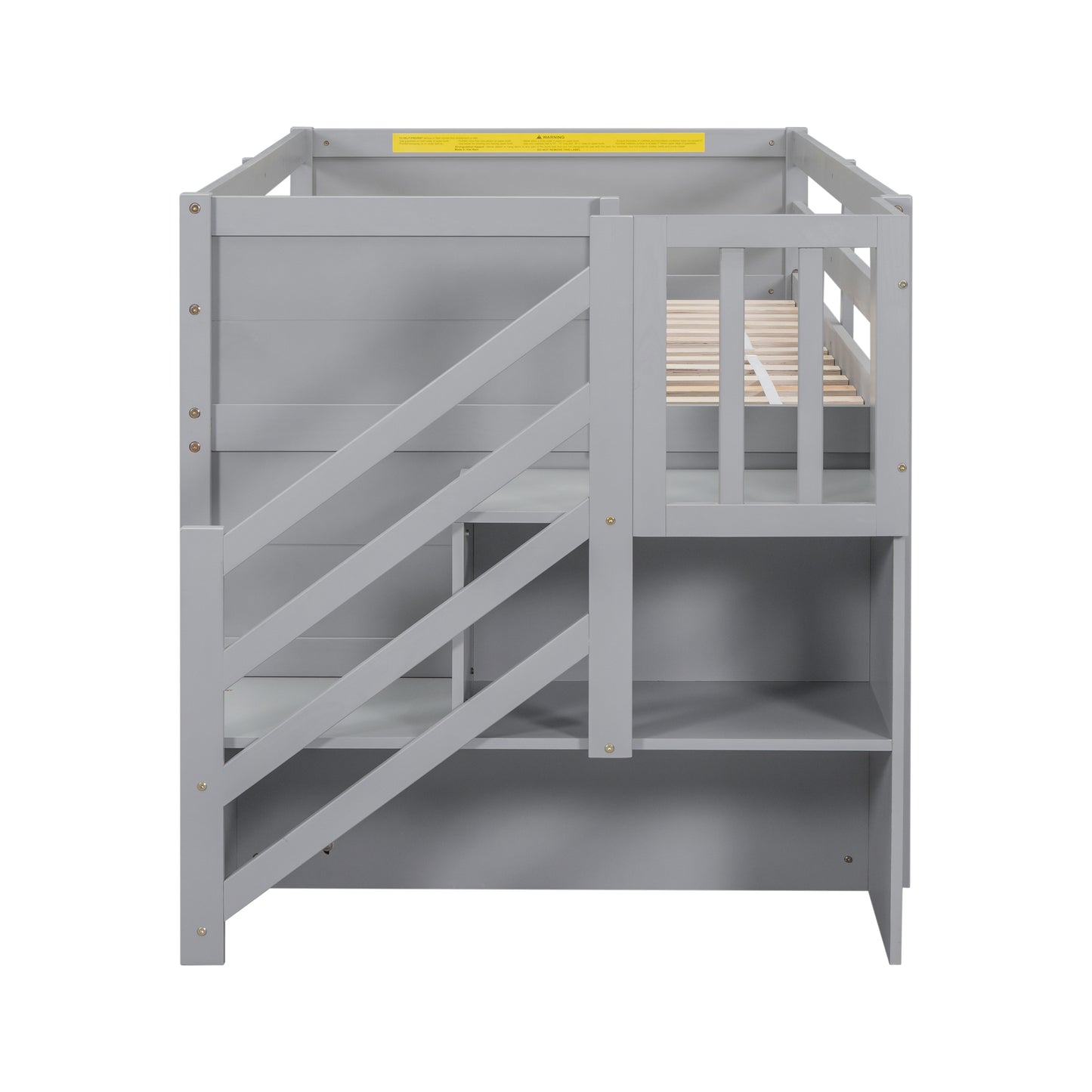 Gray Solid Wood Twin Low Loft Bed with Storage Staircase and Shelving Unit