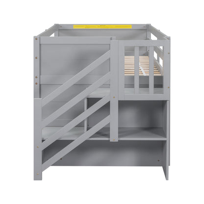 Gray Solid Wood Twin Low Loft Bed with Storage Staircase and Shelving Unit