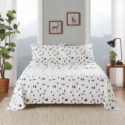 3-Piece Twin Flannel Sheet Set, 100% Cotton, Elastic Fitted, Trees & Trucks Pattern, Multicolor