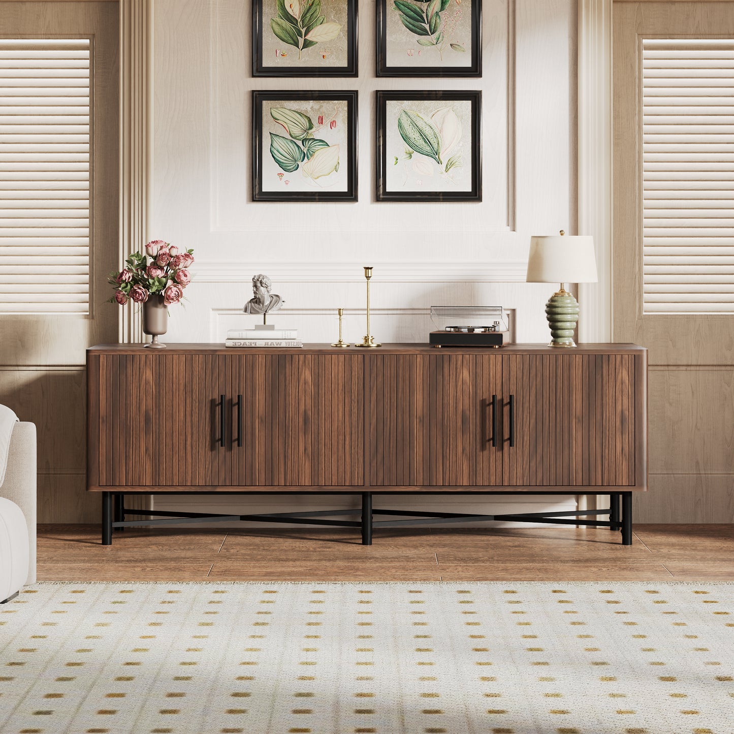 66-Inch TV Stand with 4 Doors, 2 Storage Areas, Adjustable Shelves, Cable Management Console Chestnut