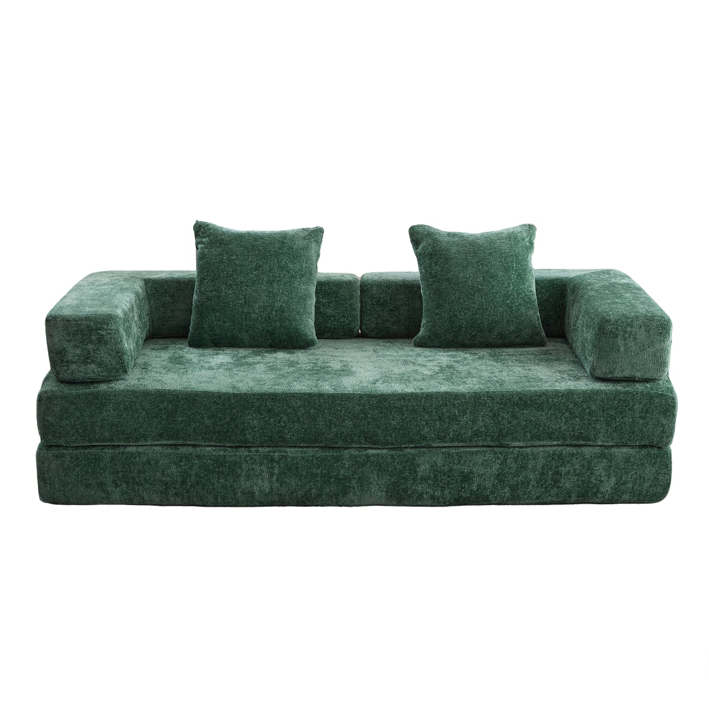 2-in-1 Convertible Floor Sofa Bed with Back, Armrests, Chenille Upholstery for Room dark green