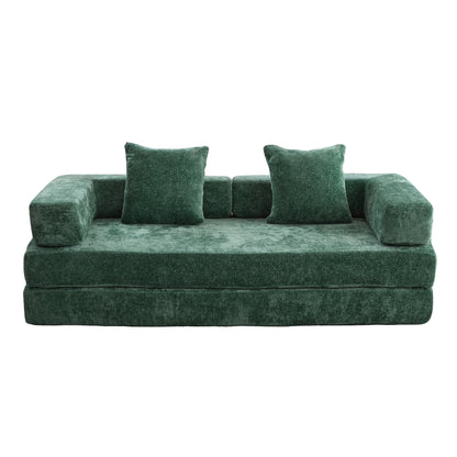 2-in-1 Convertible Floor Sofa Bed with Back, Armrests, Chenille Upholstery for Room dark green