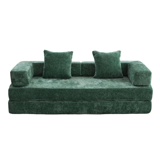 2-in-1 Convertible Floor Sofa Bed with Back, Armrests, Chenille Upholstery for Room dark green
