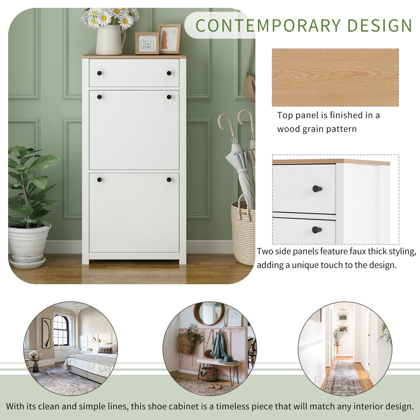 Contemporary White Shoe Cabinet with Wood Grain Top, Adjustable Drawer Organizer and 2 Flip Storage Sections for Entryway