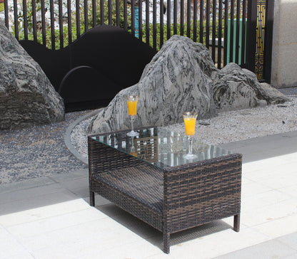 Outdoor Patio Coffee Table With Clear Tempered Glass Top Iron Frame 34.6 In Long 20.5 In Wide 17.7 In High Brown