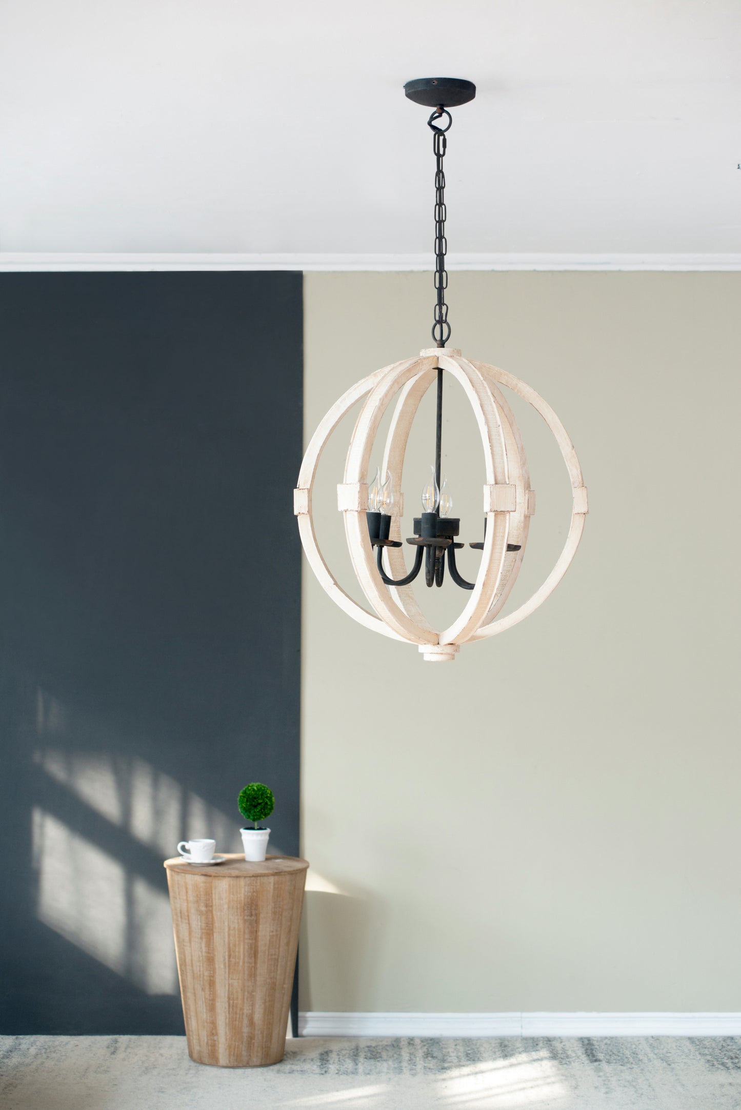 6-Light Pine Wood Chandelier with Adjustable Chain, Iron Accents for Kitchen and Dining Rooms White