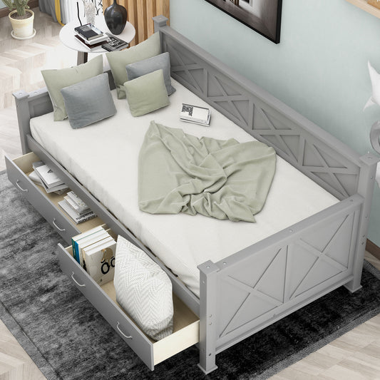Elegant Twin Size Daybed with Spacious Drawers, X-Frame Design, Modern Rustic Appeal in Gray
