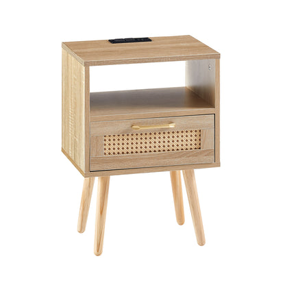 Modern Rattan End Table with USB Ports & Power Outlet, 15.75in MDF + Solid Wood Legs, Living Room Natural