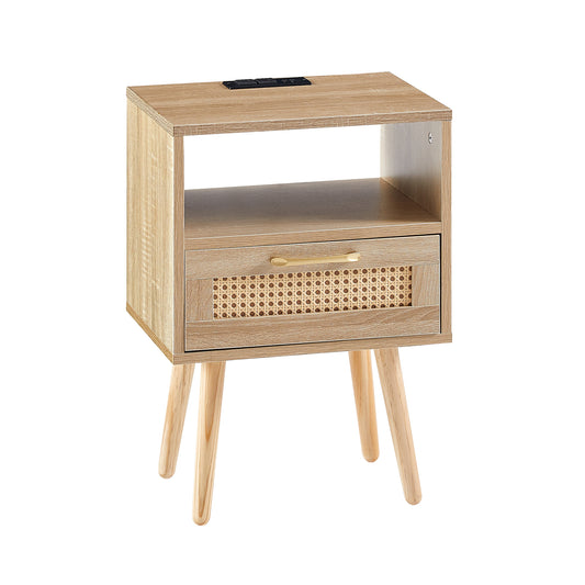 Modern Rattan End Table with USB Ports & Power Outlet, 15.75in MDF + Solid Wood Legs, Living Room Natural