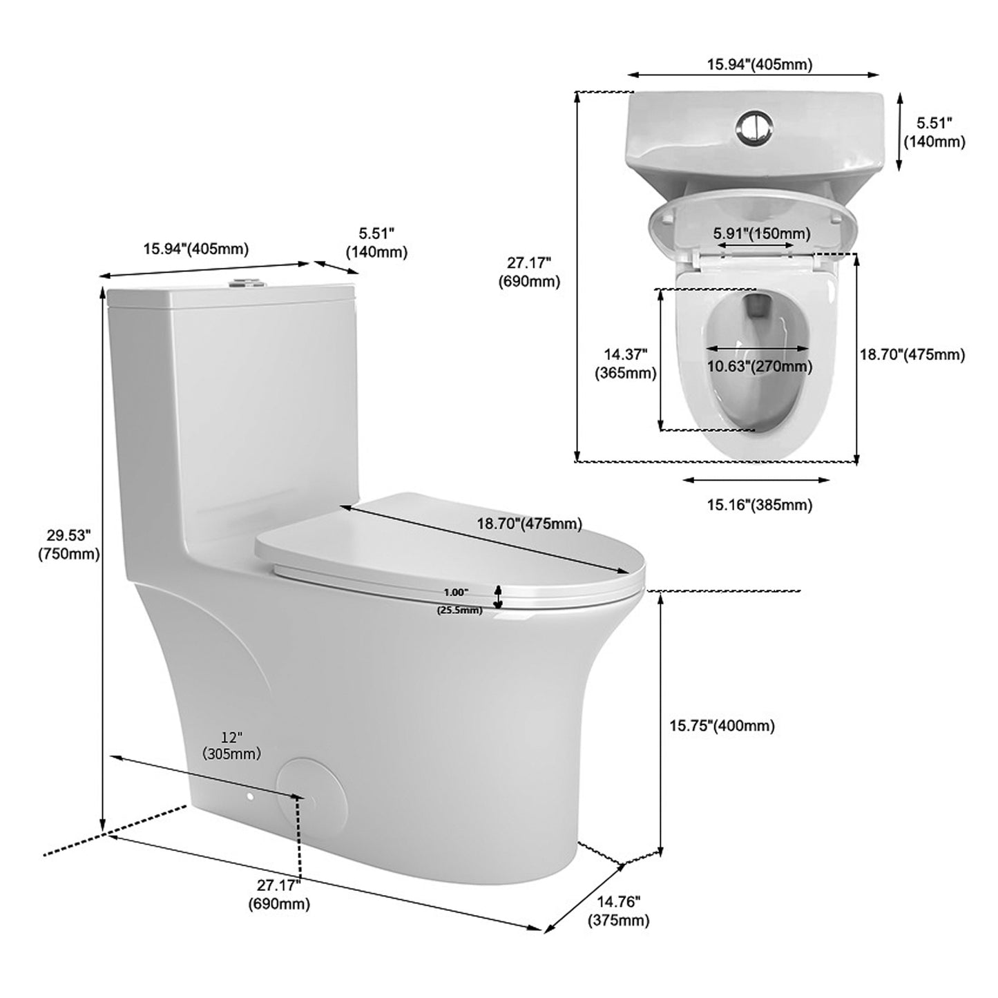 Comfort Height Elongated One-Piece Toilet with Dual-Flush System, CUPC & WaterSense Certified, White Ceramic, Soft Close Seat T039WT