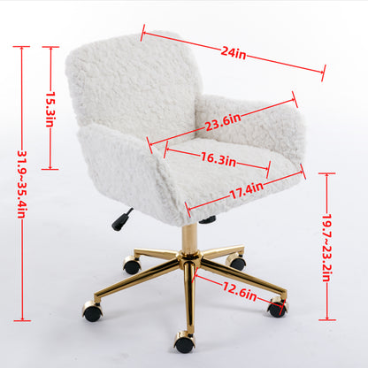 Elegant Pink Upholstered Office Chair with Golden Base - Adjustable Swivel Vanity Chair with Rabbit Fur Cushion