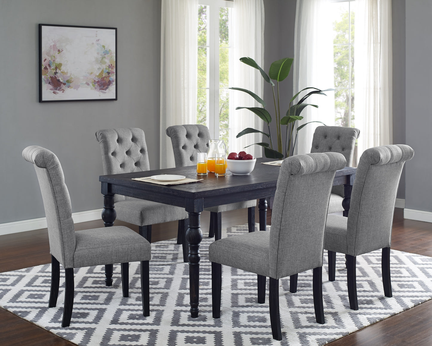 Urban Style Wood Dining Set Table And Six Chairs Dark Wash