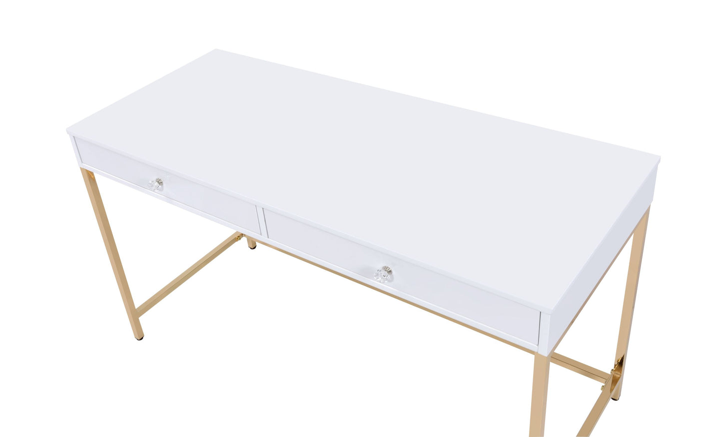 Contemporary White High Gloss Writing Desk with Gold Accents