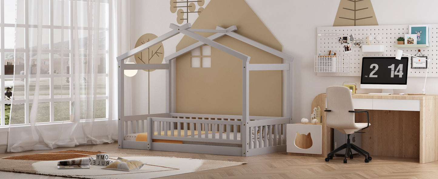 Whimsical Twin Wooden House Bed Frame with Fenced Design for Kids and Teens - Gray