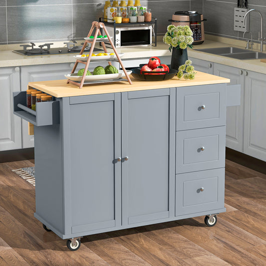 Versatile Rolling Kitchen Island with Solid Wood Top, Locking Wheels & Ample Storage - 52.7 Inch (Grey Blue)