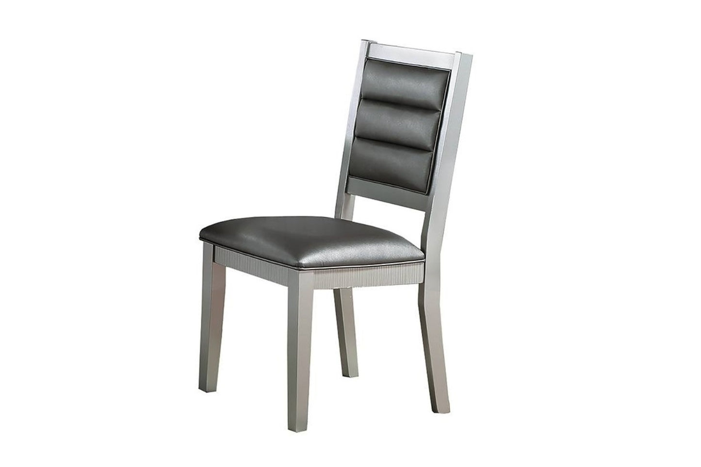 Set of 2 Faux Leather Dining Chairs, Cushioned Seats, Tufted Back, Rubberwood Frame, 18x23x39 in Silver