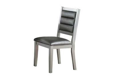Set of 2 Faux Leather Dining Chairs, Cushioned Seats, Tufted Back, Rubberwood Frame, 18x23x39 in Silver