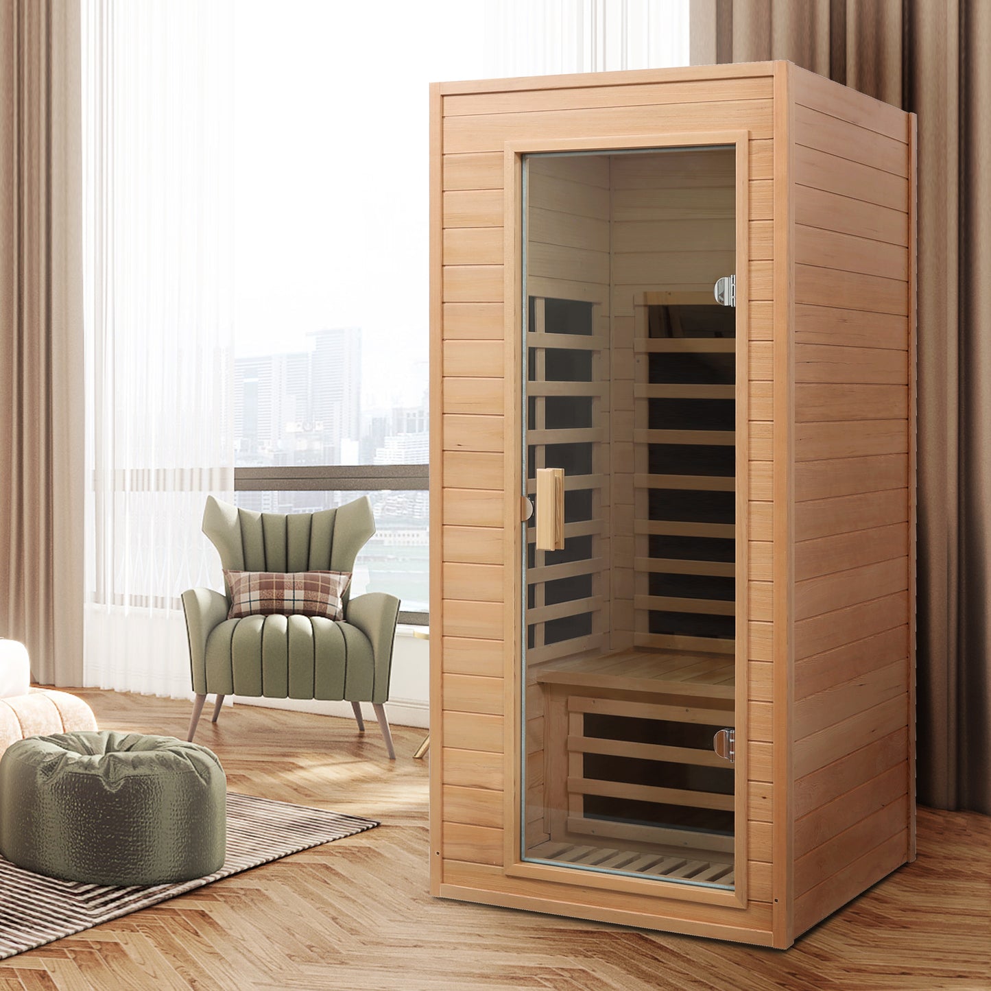 One-Person Far Infrared Indoor Sauna Room, 1290W, 5 Heaters, Hemlock Wood, Bluetooth, Natural