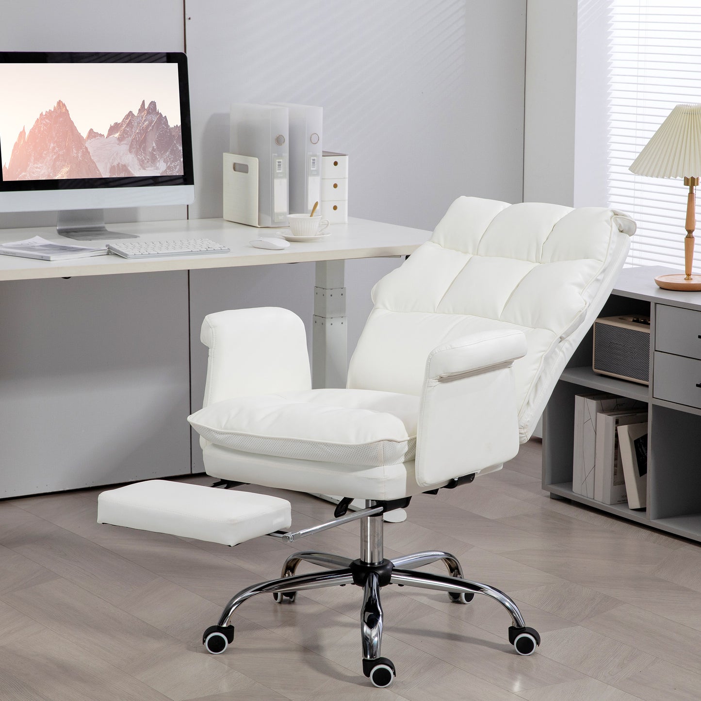 Modern White PU Leather Ergonomic Office Chair with Footrest, Reclining and Swivel Features