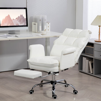 Modern White PU Leather Ergonomic Office Chair with Footrest, Reclining and Swivel Features