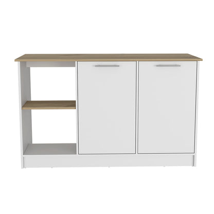 Modern Light Oak & White Kitchen Island with Open Shelves and Cabinets