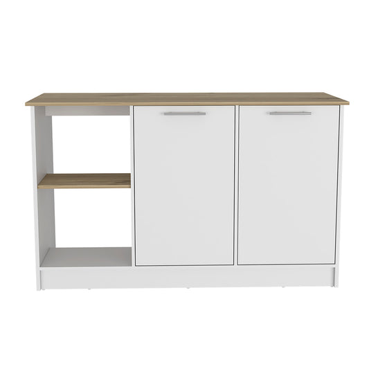 Modern Light Oak & White Kitchen Island with Open Shelves and Cabinets