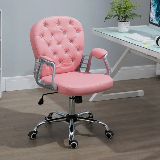 Pink Tufted PU Leather Office Chair with Adjustable Height, Swivel Wheels, and Padded Armrests
