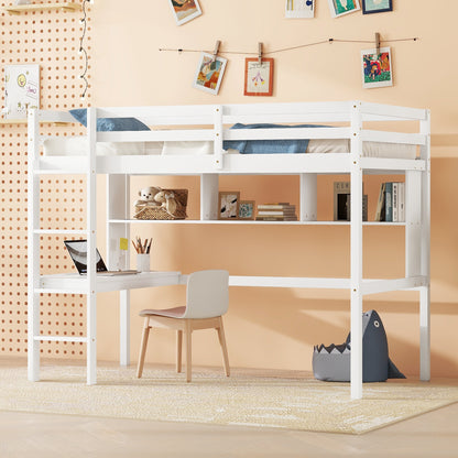 Twin Loft Bed with Integrated Desk and Shelves, Safety Guardrails, and Ladder in White