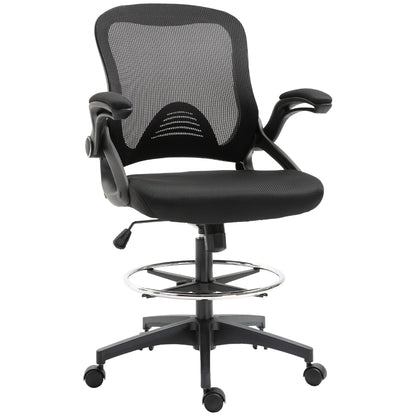 Adjustable Tall Mesh Drafting Chair with Lumbar Support, Flip-Up Armrests, and Footrest Ring in Black
