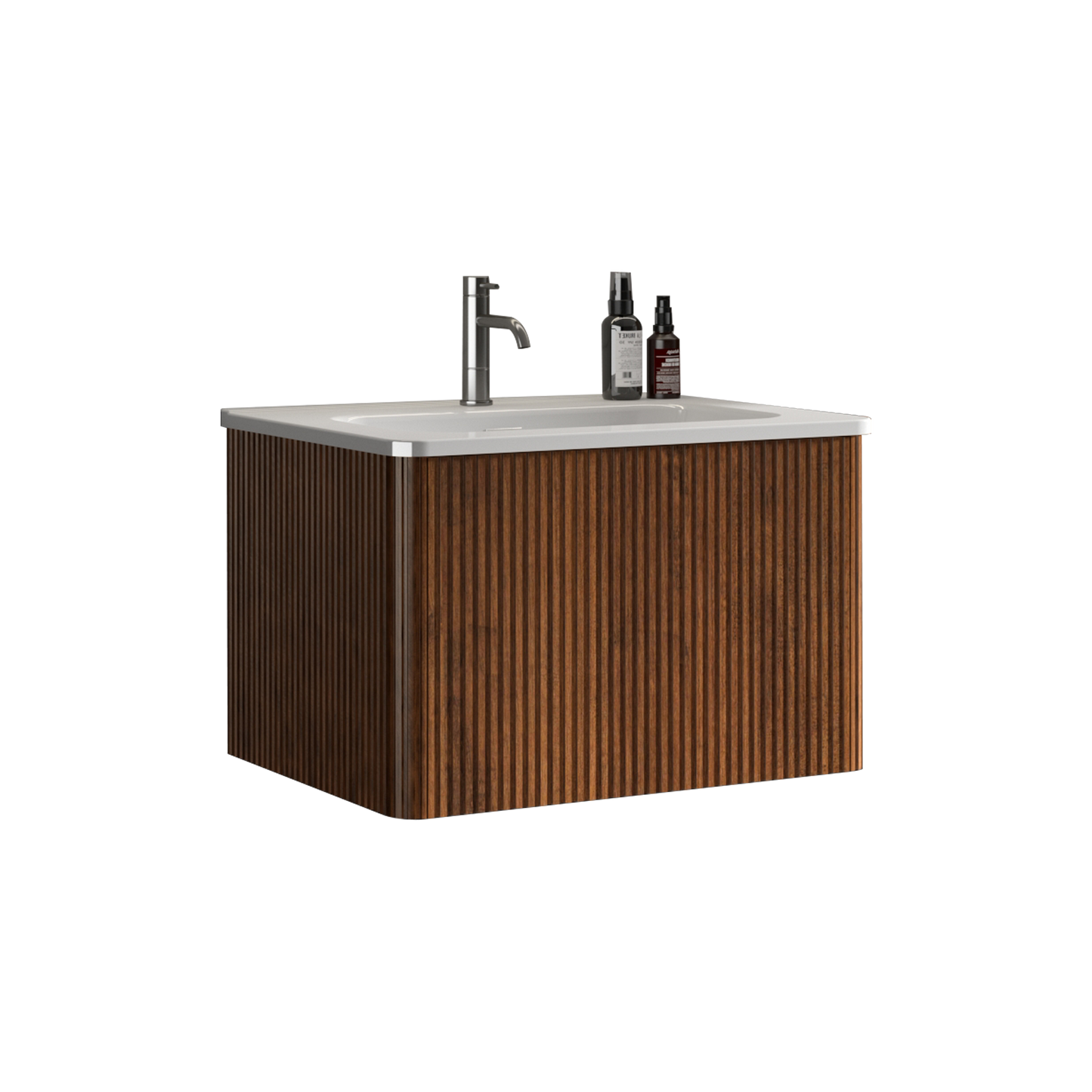 24" Modern Floating Bathroom Vanity with White Ceramic Sink and Striped Walnut Finish, Pre-Assembled Wall-Mounted Design