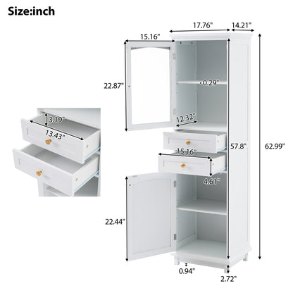 Elegant 63" Tall White Bathroom Storage Cabinet with Glass Doors, Two Drawers, Adjustable Shelves, and Anti-Tipping Design - Perfect for Organizing and Displaying Essentials