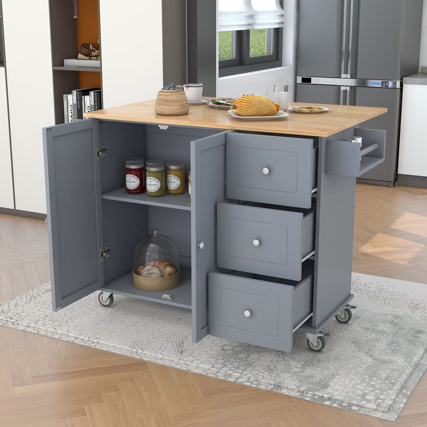 Versatile Rolling Kitchen Island with Solid Wood Top, Locking Wheels & Ample Storage - 52.7 Inch (Grey Blue)