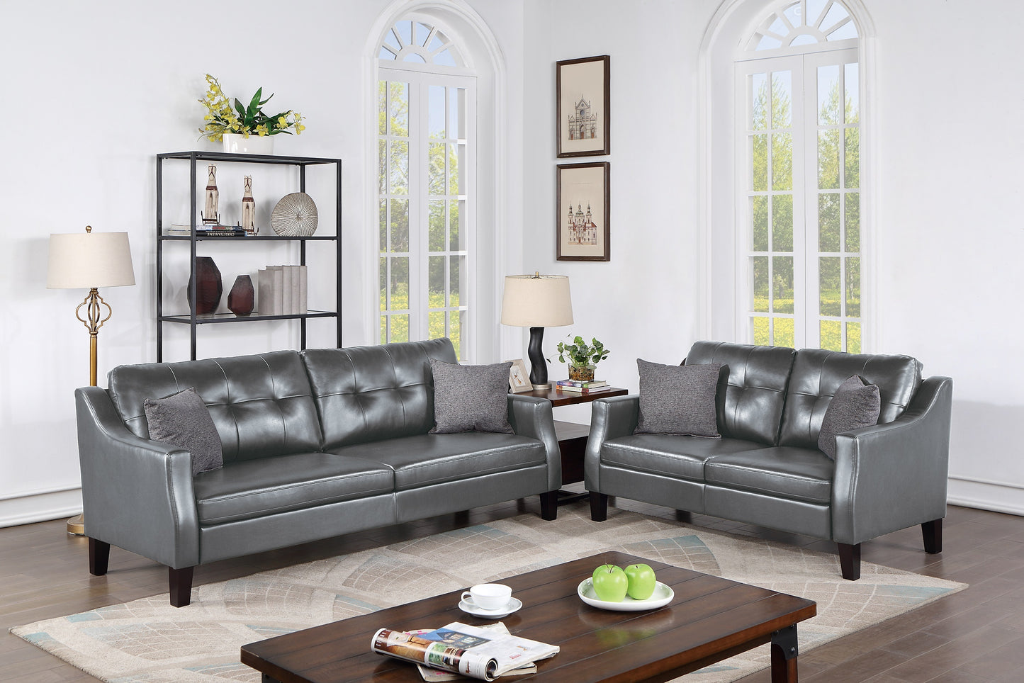 2-Piece Gel Leatherette Sofa Set with Tufted Back, 78in Sofa & 55in Loveseat, Curved Arms, Wood Legs Grey
