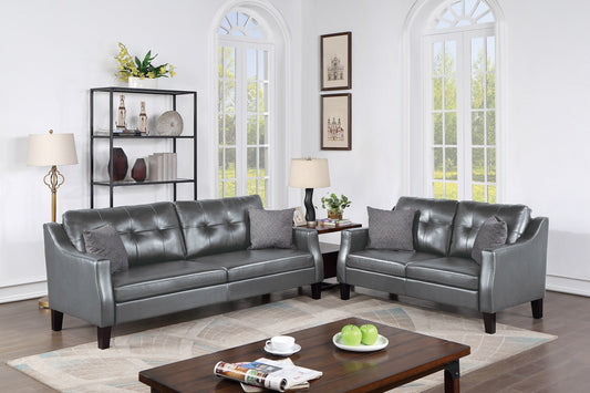 2-Piece Gel Leatherette Sofa Set with Tufted Back, 78in Sofa & 55in Loveseat, Curved Arms, Wood Legs Grey