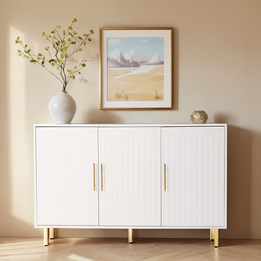 3-Door Large Storage Sideboard with Gold Handles for Kitchen, Dining Room and Living Room.55.12" W Accent White Buffet Cabinet, Coffee Bar Sideboard Cabinet with 3 doors (White)