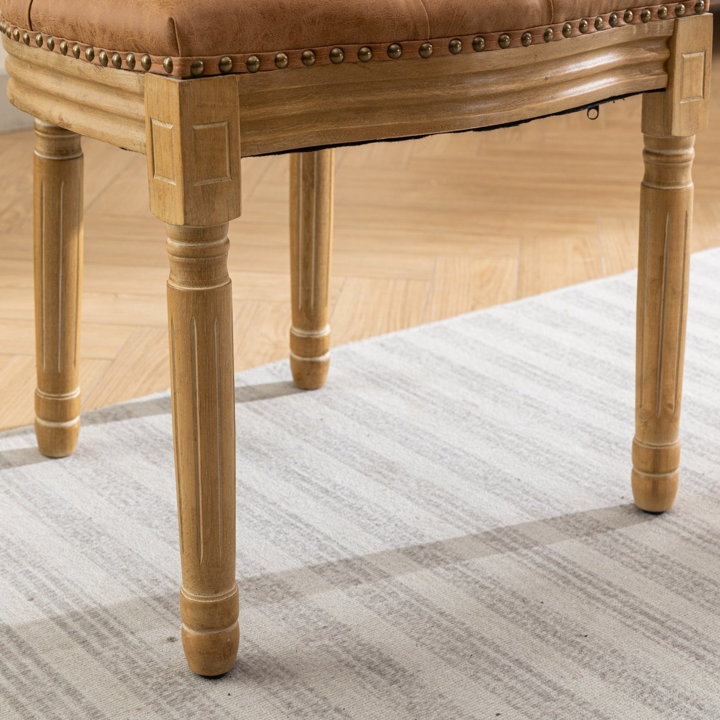 French Style Solid Wood Dining Chair Set of 2 with PU Leather, Nailhead, High Back, Rubberwood Orange