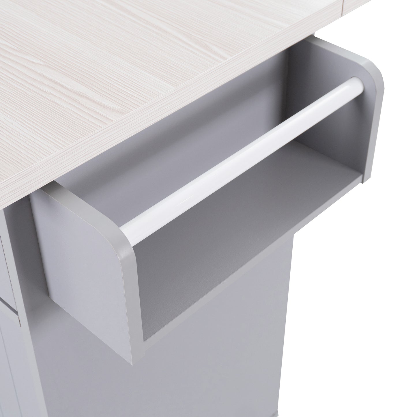 Grey Rolling Kitchen Island with Drop Leaf and Trash Can Storage, Spice Rack, Towel Rack, and Adjustable Shelves