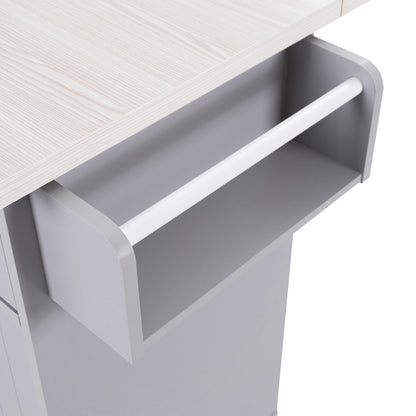 Grey Rolling Kitchen Island with Drop Leaf and Trash Can Storage, Spice Rack, Towel Rack, and Adjustable Shelves