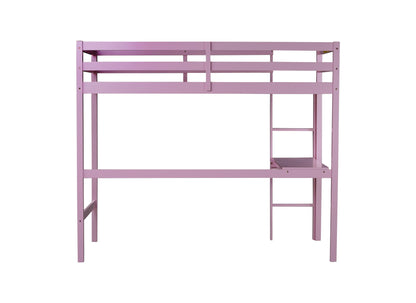 Pink Twin High Loft Bed with Built-in Desk and Safety Guardrails - Rubber Wood Design