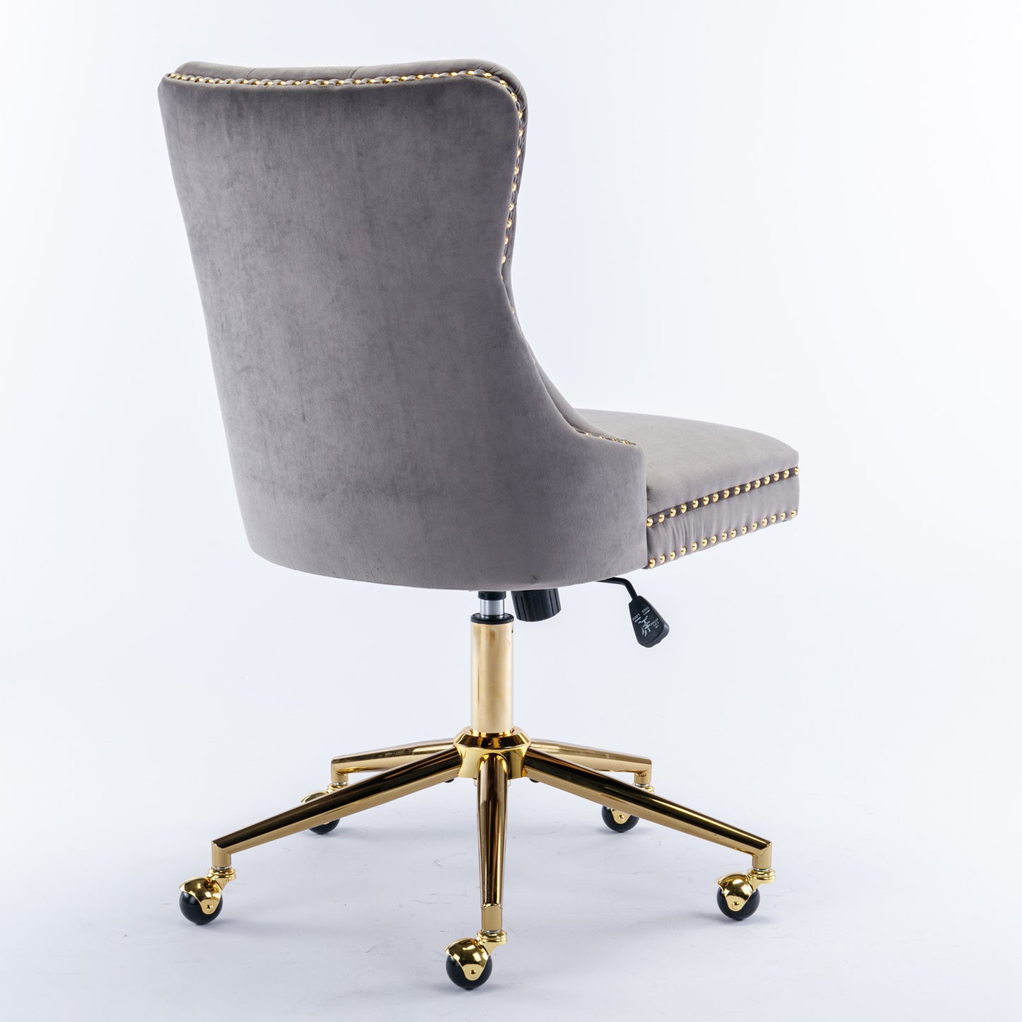 Luxurious Gray Velvet Tufted Home Office Chair with Gold Metal Base, Adjustable Swivel Design