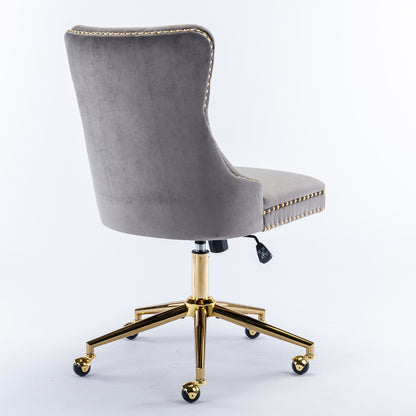 Luxurious Gray Velvet Tufted Home Office Chair with Gold Metal Base, Adjustable Swivel Design