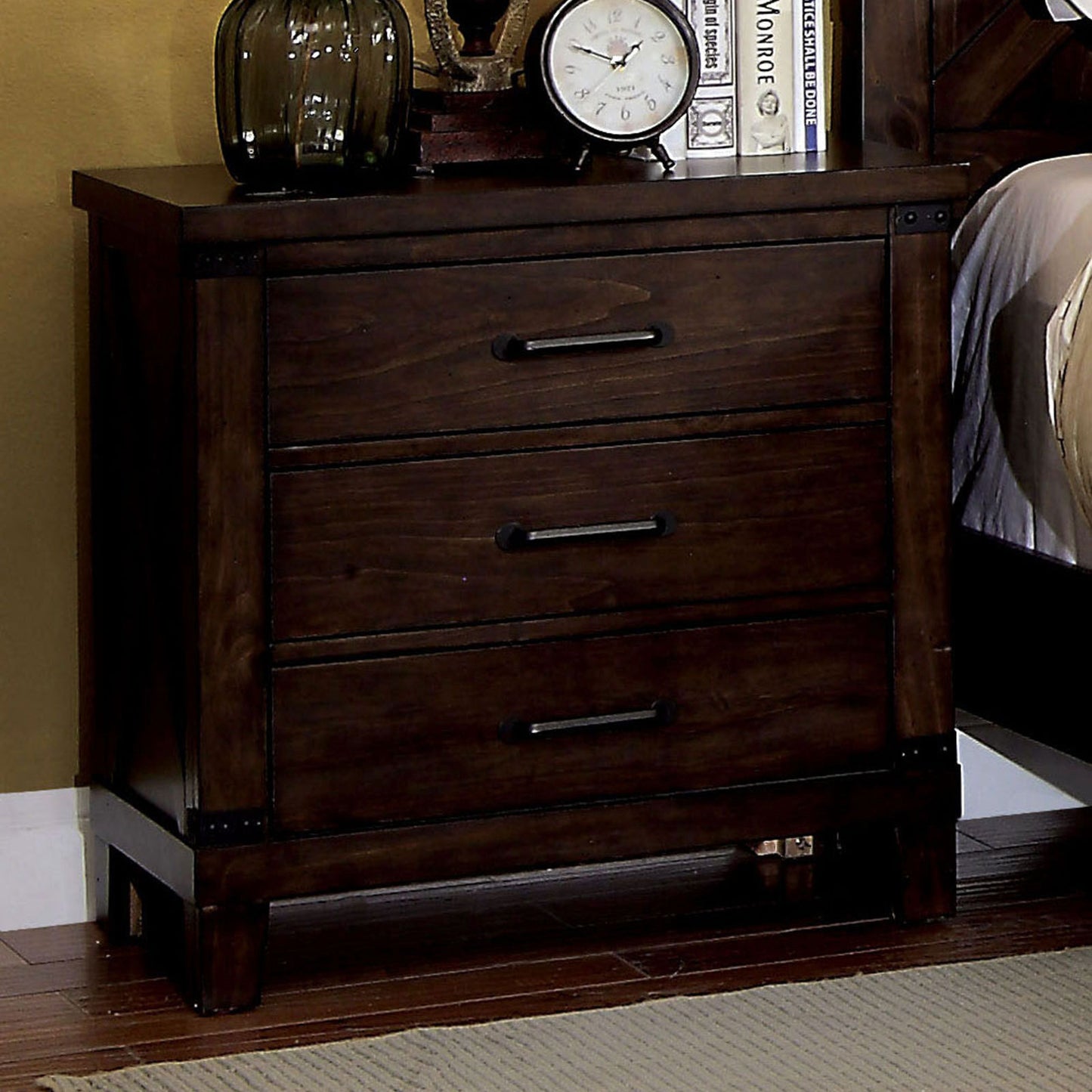 Rustic Dark Walnut Nightstand with 3 Drawers and Black Bar Pulls - Solid Wood Bedroom Furniture