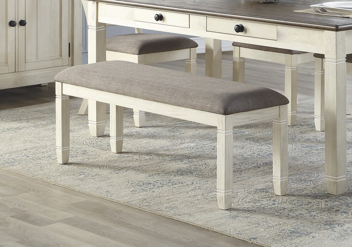 48-Inch Upholstered Wood Dining Room Bench Textured Fabric Acacia/Pine 300 lb Antique White Finish