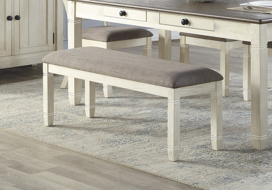 48-Inch Upholstered Wood Dining Room Bench Textured Fabric Acacia/Pine 300 lb Antique White Finish